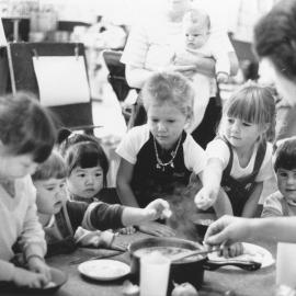 Totara Park Playcentre; Alice, Terryne, Rachel, Ricky, Carolyn and Joshua, with Jenni Mason, making 'stone soup'.