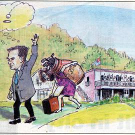 Cartoon of Wallaceville House; Neil and Sue Kenny leaving
