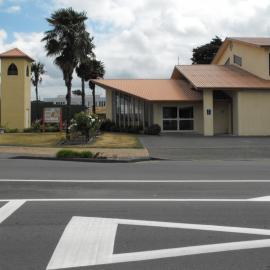 Pine Avenue west side 2; St Joseph's Catholic Church belltower and entry end.
