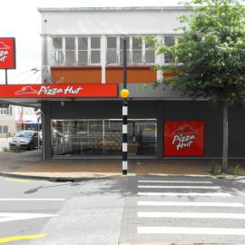 Logan Street west side 1; former Hannahs building, southern end; Pizza Hut (179 Main Street)