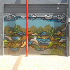 Main Street, north side; No. 137; mural in centre walk 3.