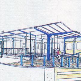 Upper Hutt railway station 2002 'glass and girder' proposal; western entrance and road side.