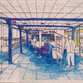 Upper Hutt railway station 2002 'glass and girder' proposal; ticketing and waiting area, from the west.