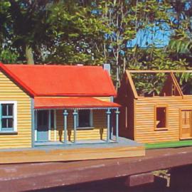 Scale model building; Golder Cottage, stages 2 & 1; view 1; south frontages.