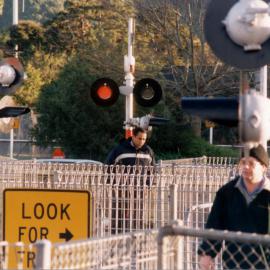 Silverstream railway station pedestrian crossing; flashing LED lights replace earlier lights