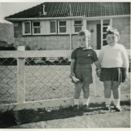 Harris family; John and Pip Harris (Beryl and Arthur Harris’s twins) at home in Sandford St, Upper Hutt, c. 1965