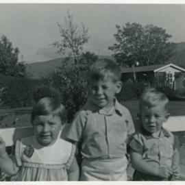 Harris family; Pip, David and John Harris (Beryl and Arthur Harris’s children) at the family home, Sandford St, Upper Hutt,  c.1965