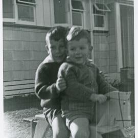 Harris family; David and John Harris on rocking horse, Sandford St, 1965