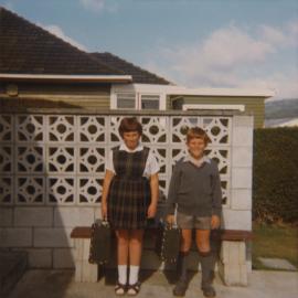 Harris family; Pip and John Harris (Beryl and Arthur Harris’s children), when starting at Fergusson Intermediate, c. 1972