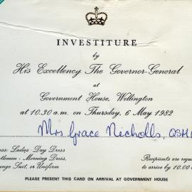 Grace Nicholls’s invitation to her investiture with the Queen’s Service Medal, Government House, 6 May 1982