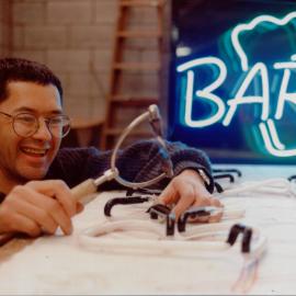 Neon 3, 23 Montgomery Crescent; managing director Peter Chang bending tubing.