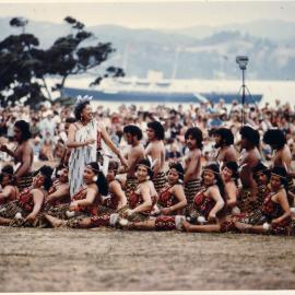 Māwai Hakona 1974; at Waitangi for New Zealand Day; Royal Yacht in background.