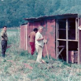 Ōrongomai marae 1975; Kemara Tukukino, Lucky Renata, George Hipango on site.