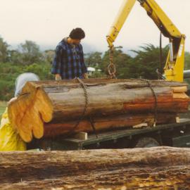 Ōrongomai Marae 1977-78; totara log being loaded at Te Marua golf course