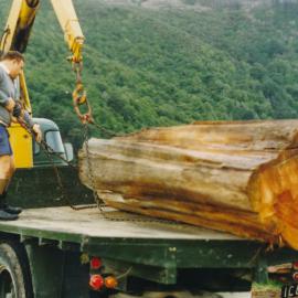 Ōrongomai marae; Ted Pōmare positioning the log presented by Te Marua Golf Club, 1977–78