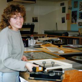 Chaplow's; full-time frame-maker Jodie Parker making cross-stitch frames.