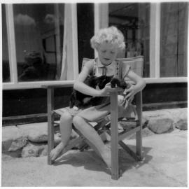 Jackson family and friends; Lynne Jackson (later, McLellan), cat and kitten, summer 1955/56