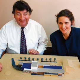Arts centre proposal, north side of Fergusson Drive; Bob Clark, Anne Salmond, and model.