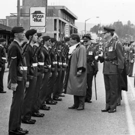 Army charter parade; mayor Rex Kirton reviews troops.