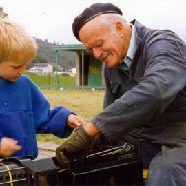 Andrew Brownlow, 5 with Philip Davis and his scale-model Evening Star, Maidstone Park.