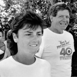Susan Devoy, during 52-day walk for Muscular Dystrophy, with mayor Rex Kirton.