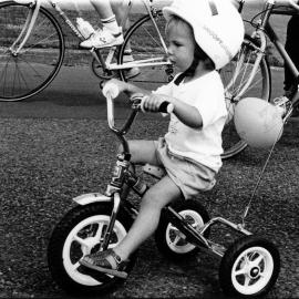 Christmas parade 1988; two-and-a-half years old Chase Butler, in the Upper Hutt  Bicycles group.