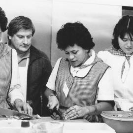 Ōrongomai Marae 1987; catering course; Latoyah Mulgrew, chef Mike McBride, Norma King, Kathleen Topp.
