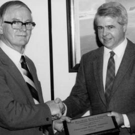 Medic Alert Foundation; Wellington president John Hartstonge acknowlegges professor Ralph Johnston's services.