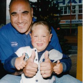 Frankie Stevens, entertainer, with grandson Ethan Paki, in the 'Leader' Main Street office.