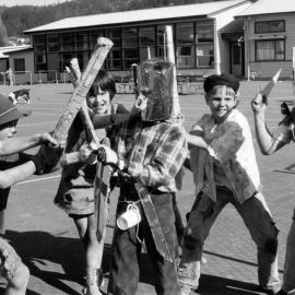 Mock battle at Silverstream School medieval tournament, 1983