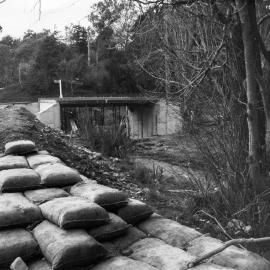 Pinehaven Stream; partly-finished stopbank and bridge near the Reformed Church site.