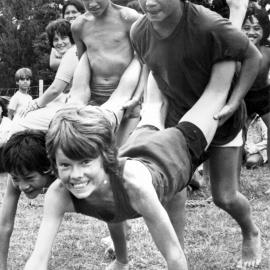 School holiday programme; wheelbarrow racers Mark and Kahu Walker, Matthw Walker and Darren Frost