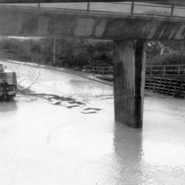 Flood, 1981; Silverstream Fire Brigade pumping out Dunn's Road railway underpass