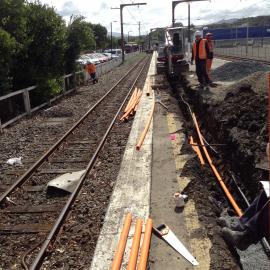 Upper Hutt railway station 2015  3; cable ducts being laid on the main platform