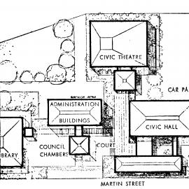 Civic Centre design 10, April 1969; architect's drawing; site plan