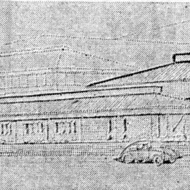 Civic Centre design  8, September 1968; architect's drawing of Town Hall (administration building beyond).