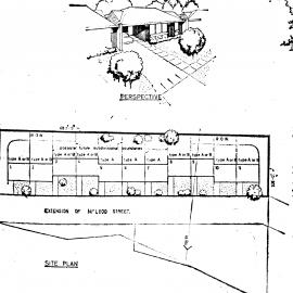 American-style terraced town-house development; perspective view and overall plan