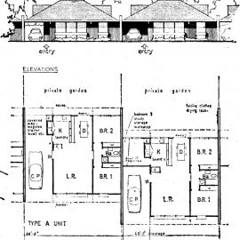 American-style terraced town-house development; front elevation and floor plans