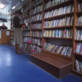 Upper Hutt City Library; mobile library bus; interior, circa 1980s