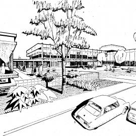 Civic Centre design  2, June 1965; architect's view, looking south-west