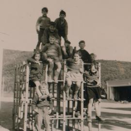 Te Marua School; children on jungle gym; Circa 1955