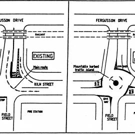 Traffic management 1986; Upper Hutt's first roundabout, intersection of Field and Kiln streets, Silverstream.