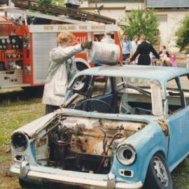 Silverstream Volunteer Fire Brigade; fire-fighting demonstration at Trentham; circa 1990s; car fire 1