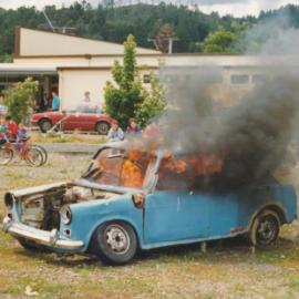 Silverstream Volunteer Fire Brigade; fire-fighting demonstration at Trentham; circa 1990s; car fire 2