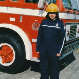 Silverstream Volunteer Fire Brigade; Firefighter Tim Rees in newly issued gear; August 1991