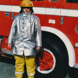 Silverstream Volunteer Fire Brigade; Firefighter Tim Rees in newly issued gear; August 1991