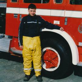 Silverstream Volunteer Fire Brigade; Firefighter Tim Rees in newly issued gear; August 1991