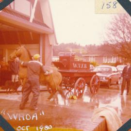 Silverstream Volunteer Fire Brigade, 1980; 50th anniversary celebration; display; hand-pumped horse-drawn engine