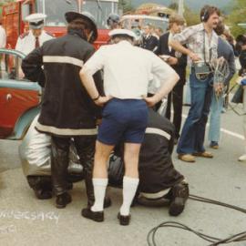 Silverstream Volunteer Fire Brigade, 1980; 50th anniversary celebration; display; car accident
