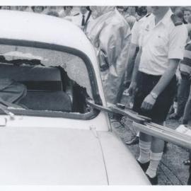 Silverstream Volunteer Fire Brigade, 1980; 50th anniversary celebration; display; car accident; 'Jaws of Life'